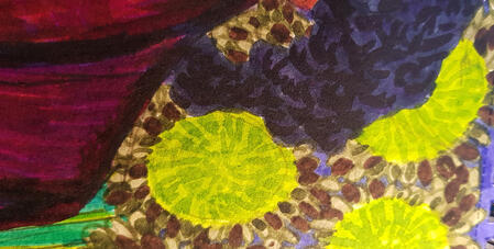 Black braid, background of melon slices and seeds