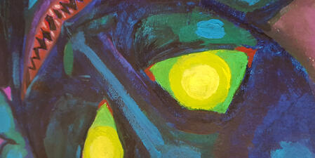 Alien face, red teeth, lamplike eyes, shadow skin