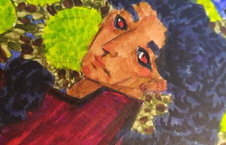 Face of a man looking over his shoulder, wearing a red tunic, with black braided hair. Backdrop of melon slice and seeds.