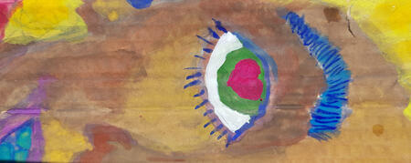 Clown face Face of a man looking over his shoulder, wearing a red tunic, with black braided hair. Backdrop of melon slice and seeds.